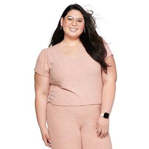 Rose colored RIBBED WIDE LEG PULL ON PANT
 / ribbed V-neck top
